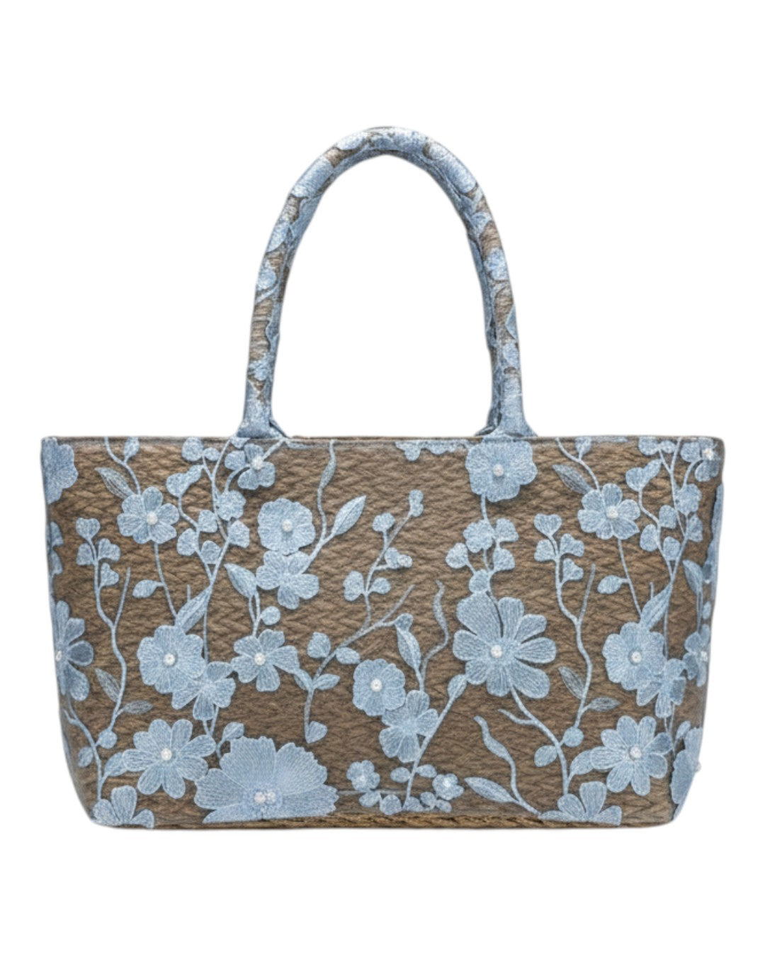 Ψάθινη Τσάντα Ώμου με Floral Κέντημα & Πέρλες